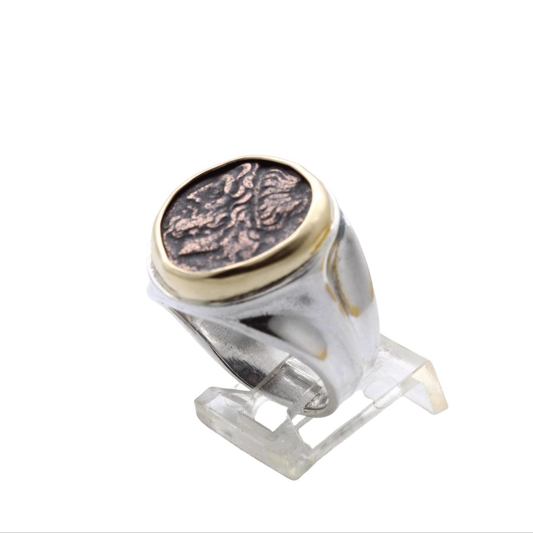 18K Bezel, Sterling Silver Ring, Hieron II, Poseidon and Trident, Ancient Bronze Coin, 8148