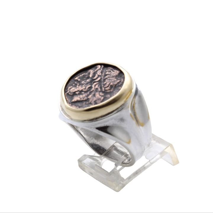 18K Bezel, Sterling Silver Ring, Hieron II, Poseidon and Trident, Ancient Bronze Coin, 8148