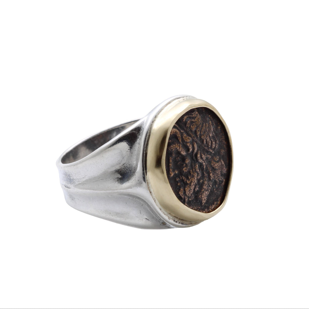 18K Bezel, Sterling Silver Ring, Hieron II, Poseidon and Trident, Ancient Bronze Coin, 8148