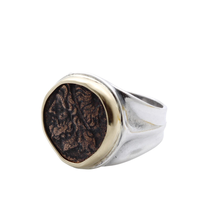 18K Bezel, Sterling Silver Ring, Hieron II, Poseidon and Trident, Ancient Bronze Coin, 8148