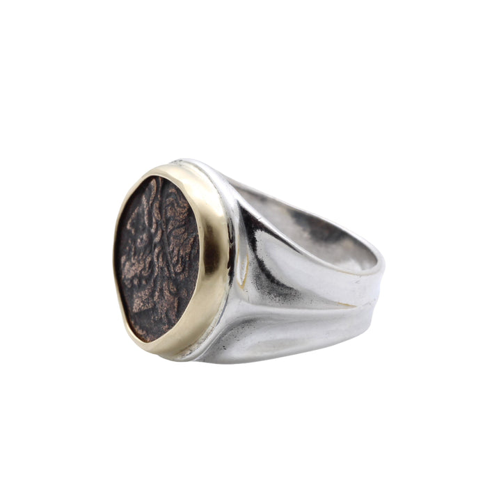 18K Bezel, Sterling Silver Ring, Hieron II, Poseidon and Trident, Ancient Bronze Coin, 8148