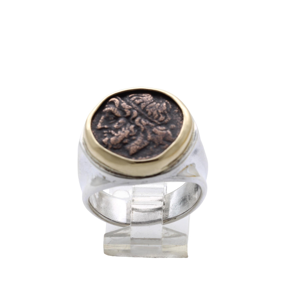 18K Bezel, Sterling Silver Ring, Hieron II, Poseidon and Trident, Ancient Bronze Coin, 8148