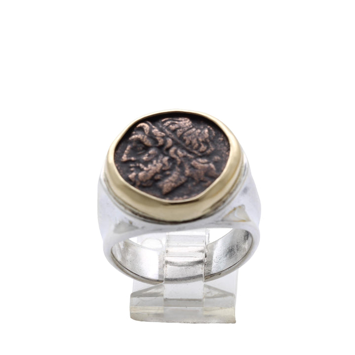 18K Bezel, Sterling Silver Ring, Hieron II, Poseidon and Trident, Ancient Bronze Coin, 8148
