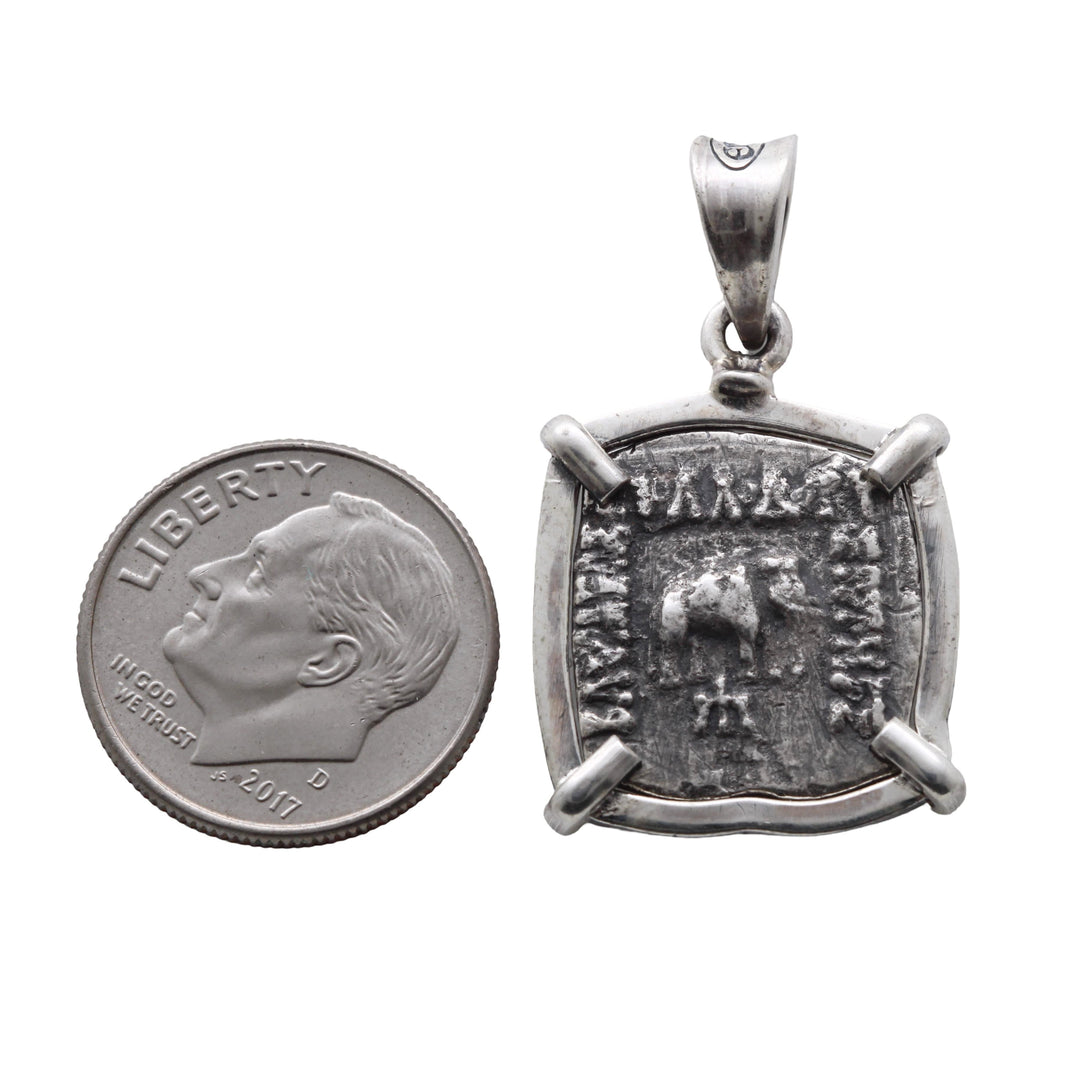 Elephant/Zebu, Sterling Silver Pendant, Apollodotus I, Baktria Drachma Coin, 8157