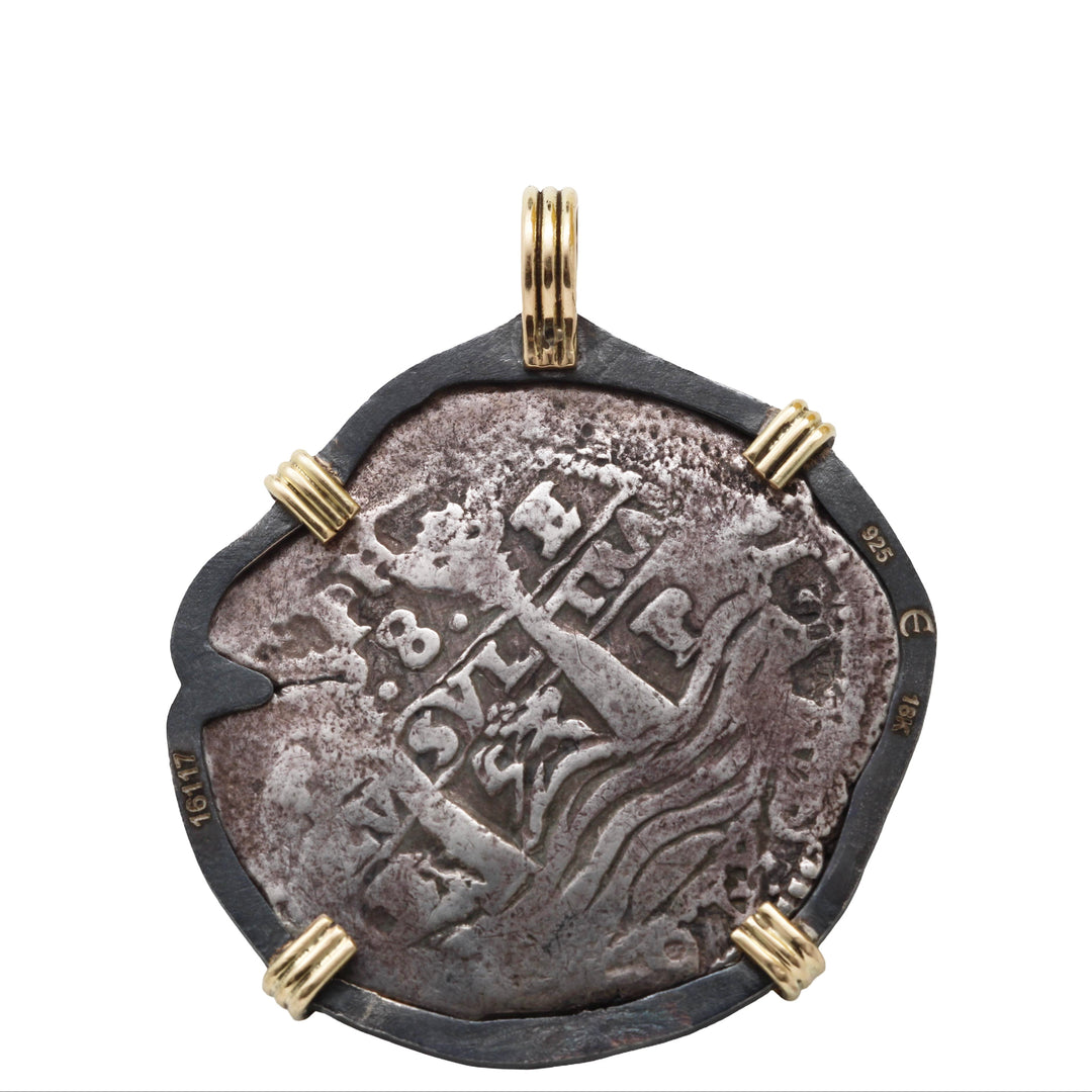 Spanish Shipwreck, Felipe IV, 8 Reales, 18K Gold Prongs & Sterling Silver Pendant, 8161