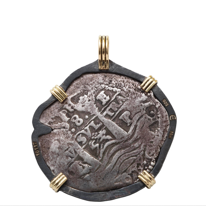 Spanish Shipwreck, Felipe IV, 8 Reales, 18K Gold Prongs & Sterling Silver Pendant, 8161