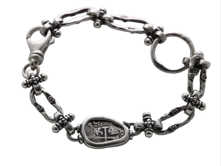 Spanish 1/2 Real, Sterling Silver Link Bracelet, Ancient Coin, 8171