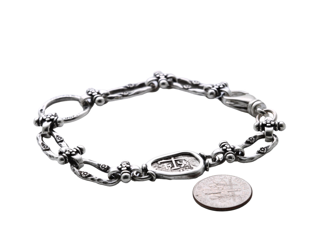 Spanish 1/2 Real, Sterling Silver Link Bracelet, Ancient Coin, 8171