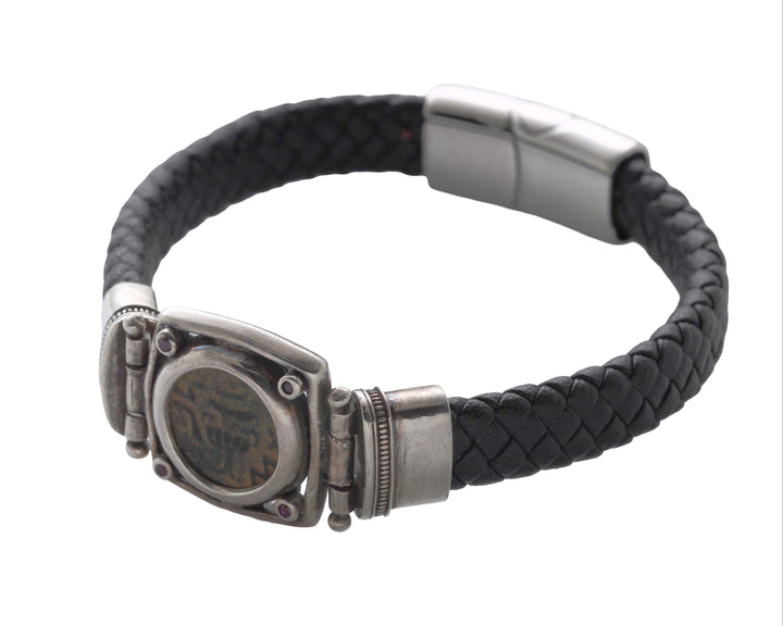 Sterling Silver/Braided Leather Bracelet, Jewish First Revolt Prutah Coin 8173