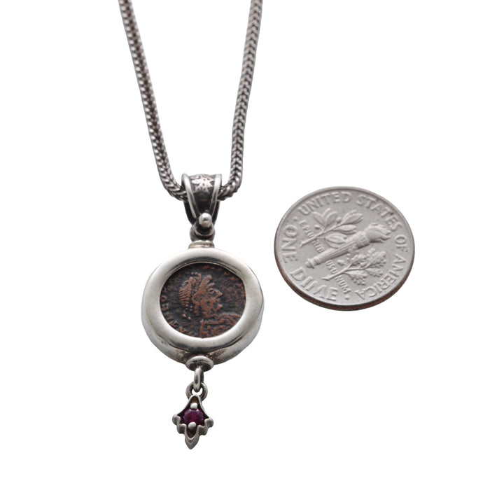 Silver Pendant, with Chain, Roman Bronze Coin, 8176