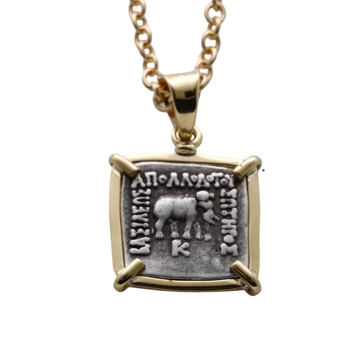 14K Gold Pendant, Elephant/Zebu, Apollodotus I, Baktria Drachma Coin, 8177