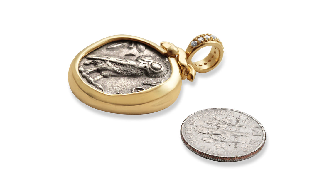 Colgante de plata de ley, Atenea, Ática, Búho, Moneda antigua de tetradracma, ID13993