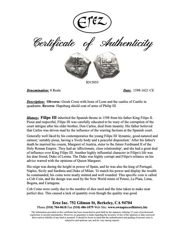 Spanish 8 Reale, 18K Gold and Sterling Silver Pendant, Filipe III, ID15055