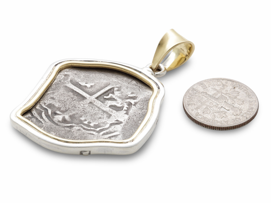 Spanish 8 Reale, 18K Gold and Sterling Silver Pendant, Filipe III, ID15055