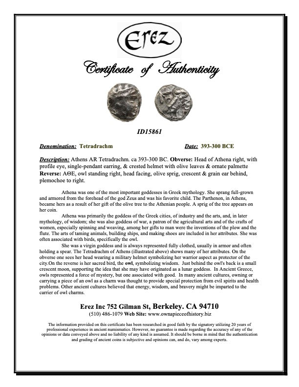 Colgante de plata de ley, Atenea, Ática, Búho, Moneda antigua de tetradracma, ID13993