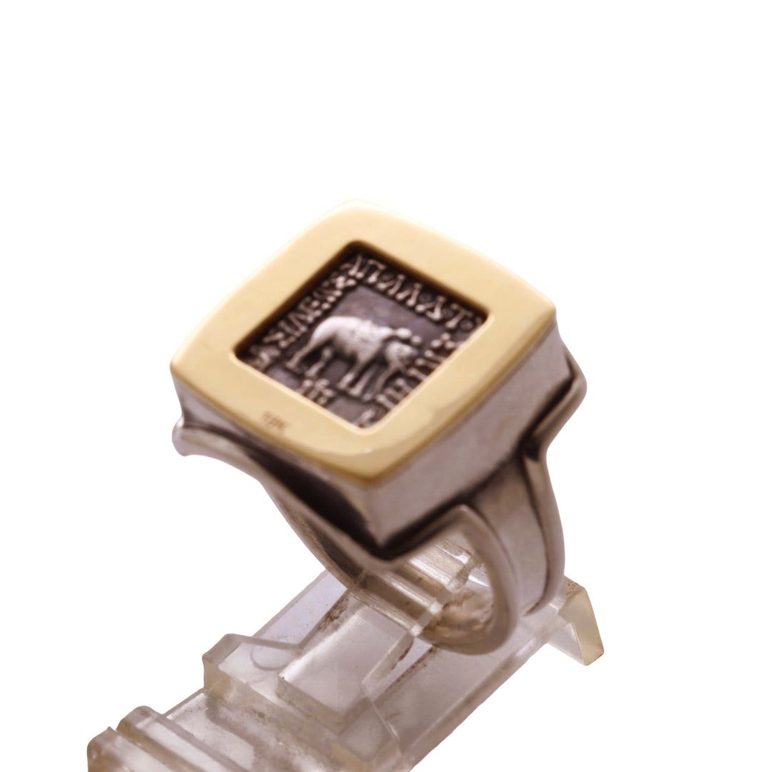 14K Gold and Sterling Silver Square Ring, Apollodotus Elephant Baktria, AR Drachma Ancient Coin, ID16046
