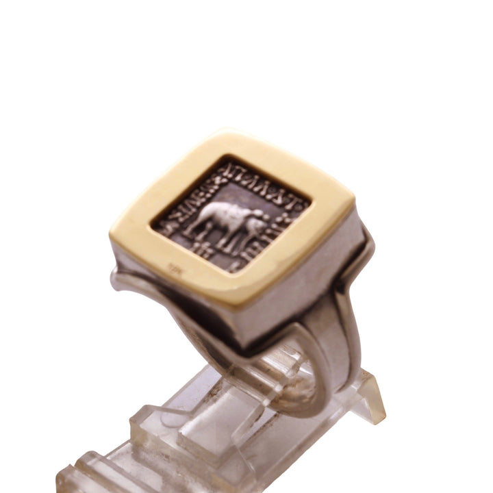 14K Gold and Sterling Silver Square Ring, Apollodotus Elephant Baktria, AR Drachma Ancient Coin, ID16046