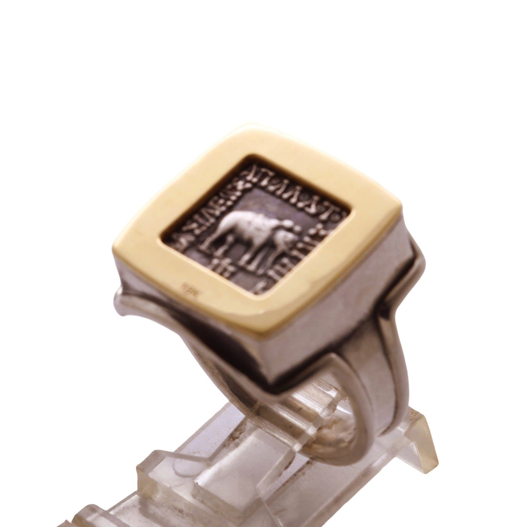 14K Gold and Sterling Silver Square Ring, Apollodotus Elephant Baktria, AR Drachma Ancient Coin, ID16046