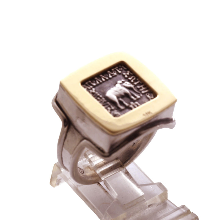 14K Gold and Sterling Silver Square Ring, Apollodotus Elephant Baktria, AR Drachma Ancient Coin, ID16046
