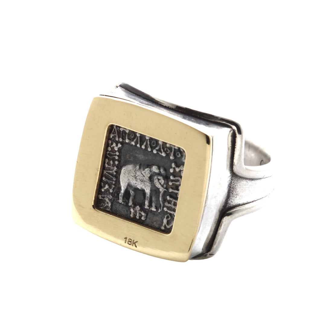 14K Gold and Sterling Silver Square Ring, Apollodotus Elephant Baktria, AR Drachma Ancient Coin, ID16046