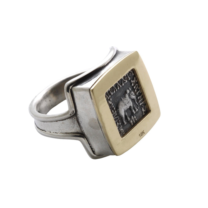 14K Gold and Sterling Silver Square Ring, Apollodotus Elephant Baktria, AR Drachma Ancient Coin, ID16046