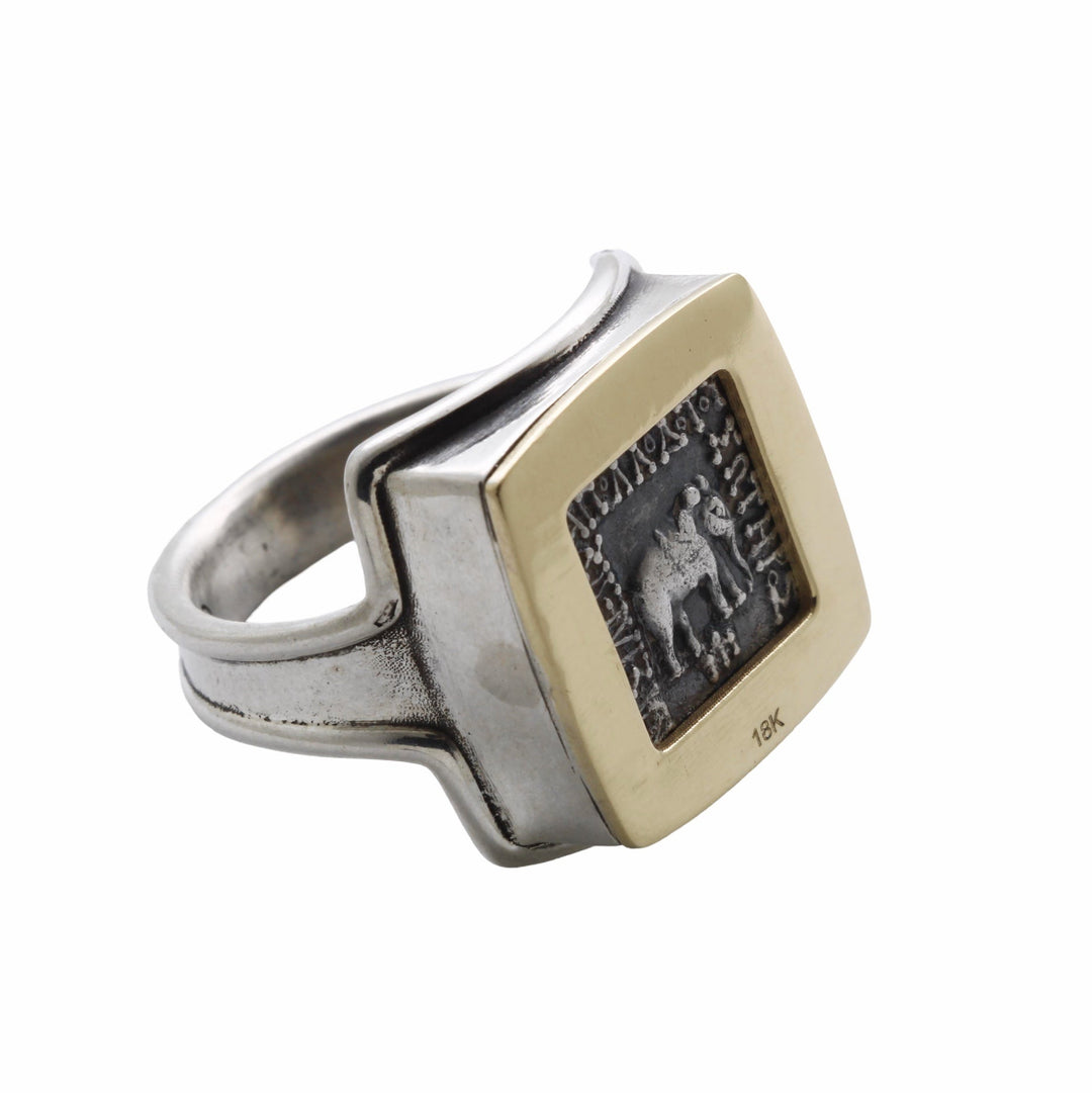 14K Gold and Sterling Silver Square Ring, Apollodotus Elephant Baktria, AR Drachma Ancient Coin, ID16046