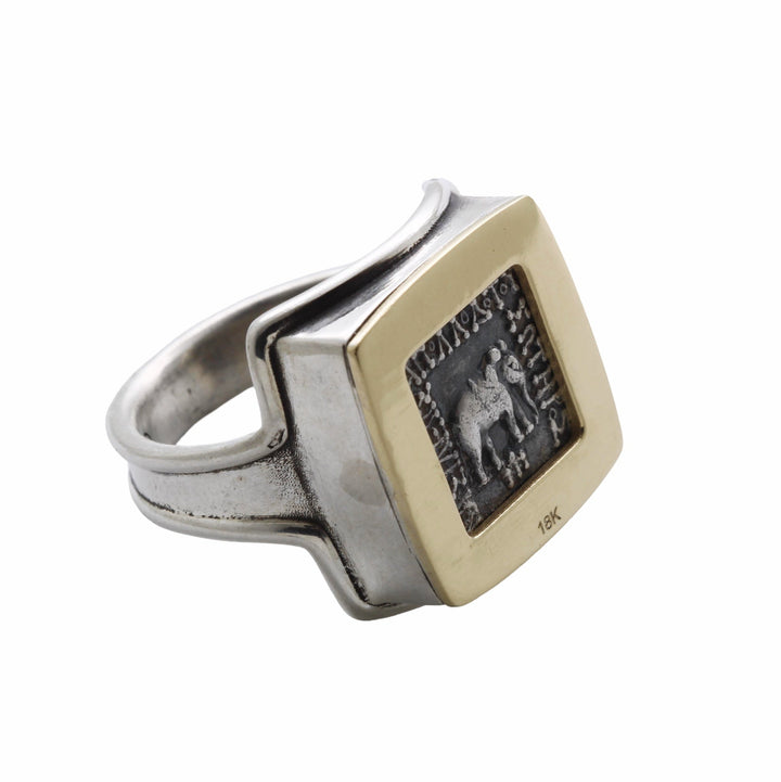 14K Gold and Sterling Silver Square Ring, Apollodotus Elephant Baktria, AR Drachma Ancient Coin, ID16046