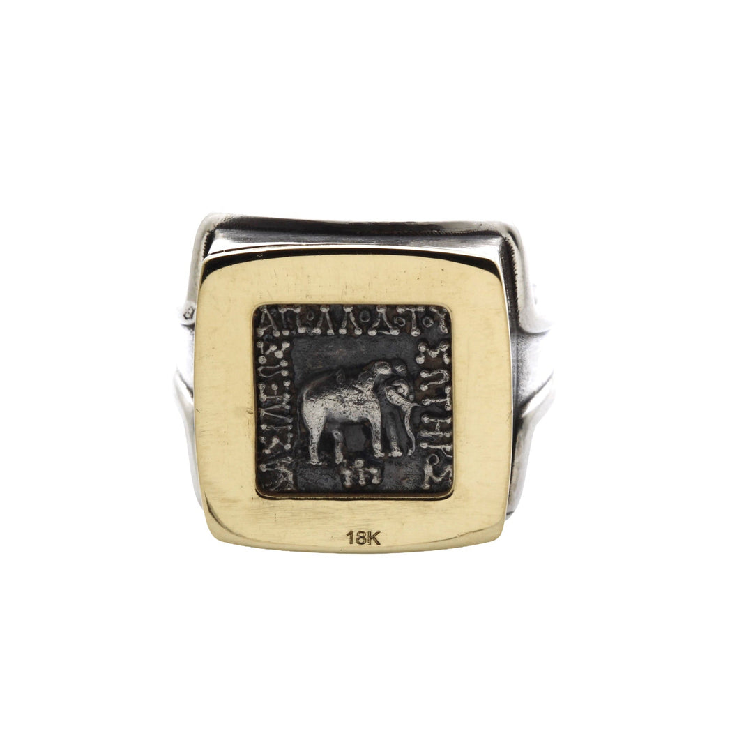 14K Gold and Sterling Silver Square Ring, Apollodotus Elephant Baktria, AR Drachma Ancient Coin, ID16046