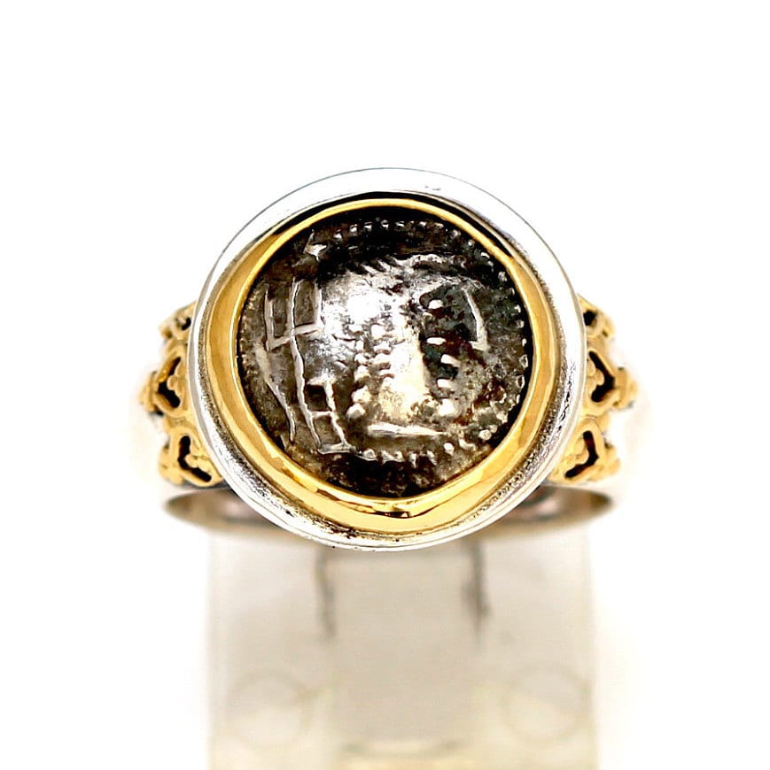 Arabian Felix Silver Coin Ring, 18K Gold accents, Genuine Ancient Coin, with Certificate 6277
