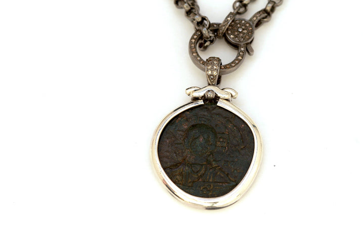 Anonymous Folles, Byzantine Coin, 36" Sterling Silver Chain with Diamond Pave, Genuine Ancient Coin, with Certificate 6616