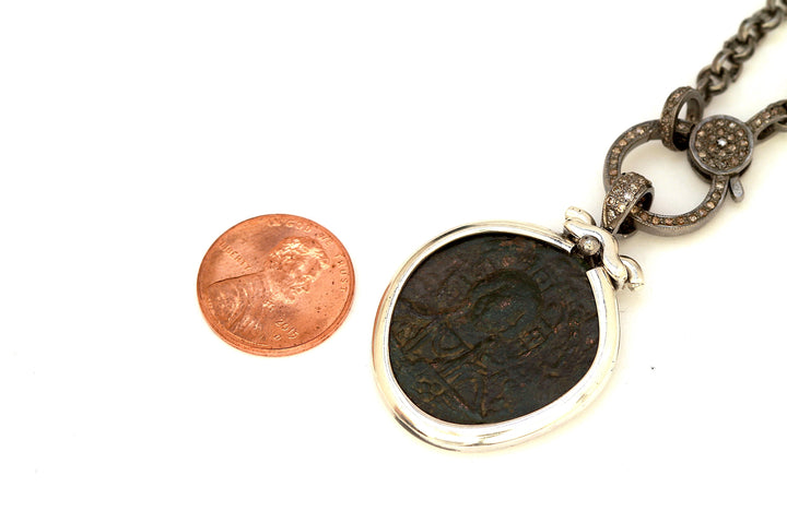 Anonymous Folles, Byzantine Coin, 36" Sterling Silver Chain with Diamond Pave, Genuine Ancient Coin, with Certificate 6616