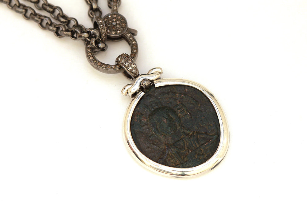Anonymous Folles, Byzantine Coin, 36" Sterling Silver Chain with Diamond Pave, Genuine Ancient Coin, with Certificate 6616