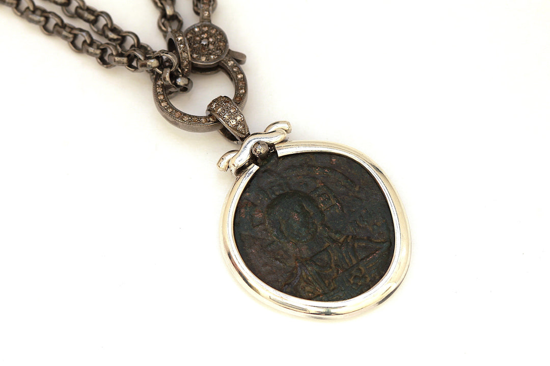 Anonymous Folles, Byzantine Coin, 36" Sterling Silver Chain with Diamond Pave, Genuine Ancient Coin, with Certificate 6616