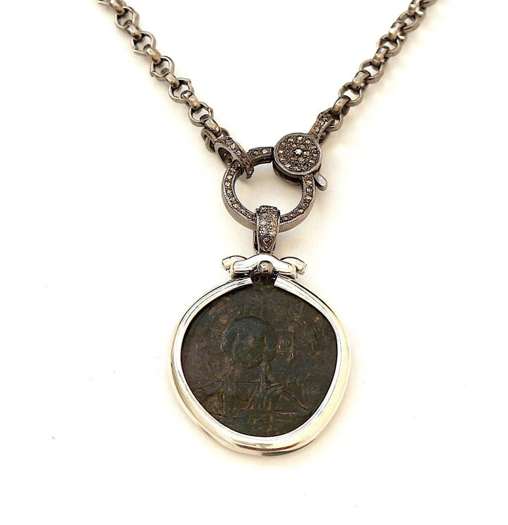Anonymous Folles, Byzantine Coin, 36" Sterling Silver Chain with Diamond Pave, Genuine Ancient Coin, with Certificate 6616