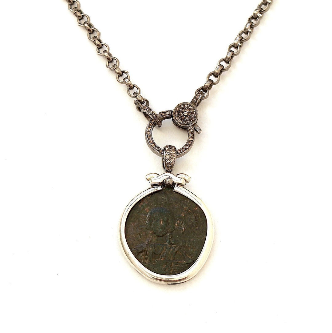 Anonymous Folles, Byzantine Coin, 36" Sterling Silver Chain with Diamond Pave, Genuine Ancient Coin, with Certificate 6616