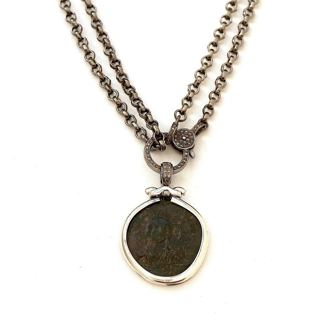 Anonymous Folles, Byzantine Coin, 36" Sterling Silver Chain with Diamond Pave, Genuine Ancient Coin, with Certificate 6616