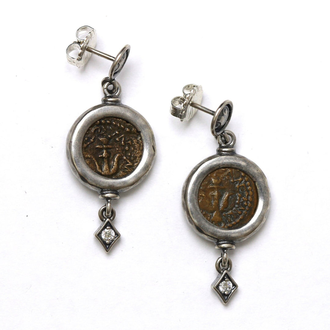 Sterling Silver Earrings, CZ Accents, Widows Mite Prutah Coins, 8027