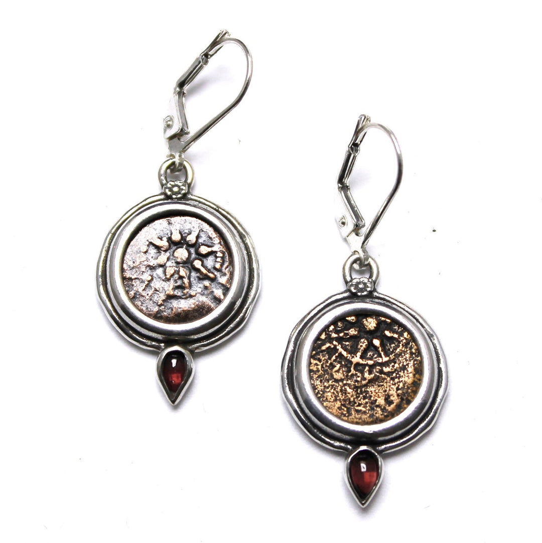 Sterling Silver Earrings, Garnet Accents, Widows Mite Prutah Coins, 7196