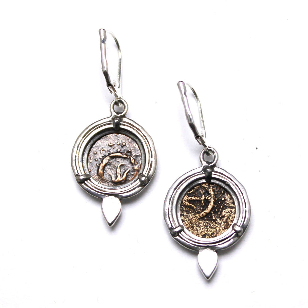 Sterling Silver Earrings, Garnet Accents, Widows Mite Prutah Coins, 7196