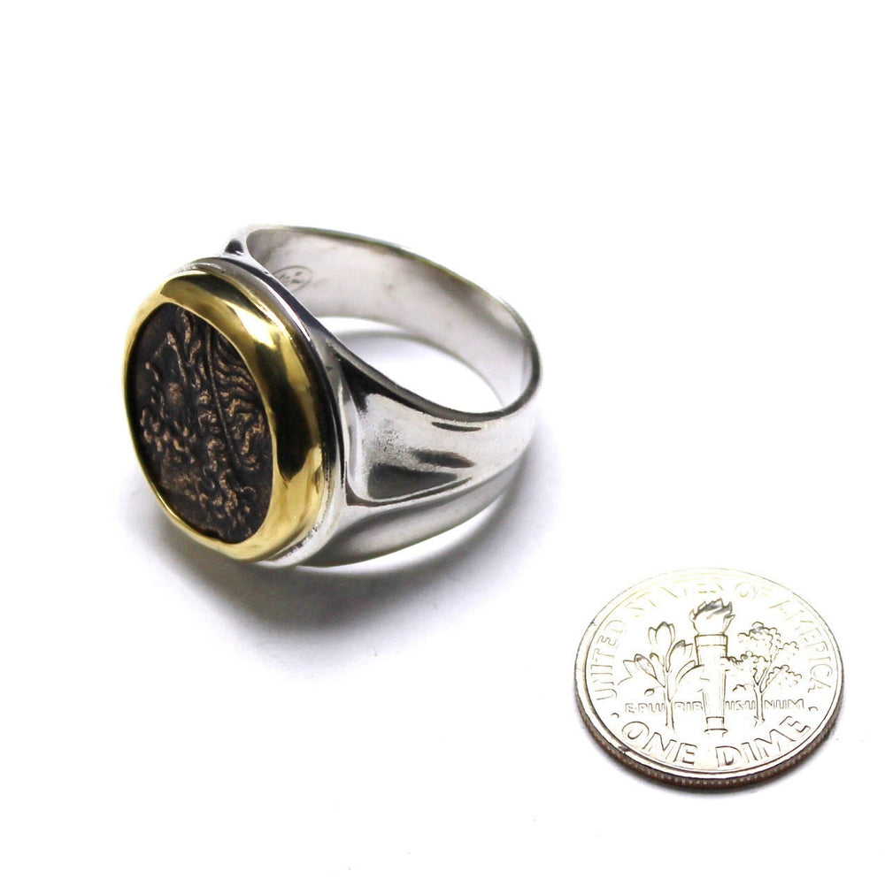 18K Bezel, Sterling Silver Ring, Hieron II, Poseidon and Triden, Ancient Bronze Coin, 7211