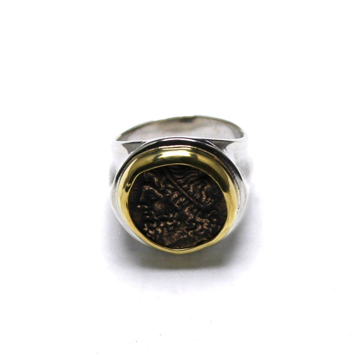 18K Bezel, Sterling Silver Ring, Hieron II, Poseidon and Triden, Ancient Bronze Coin, 7211