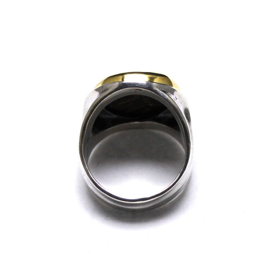 18K Bezel, Sterling Silver Ring, Hieron II, Poseidon and Triden, Ancient Bronze Coin, 7211