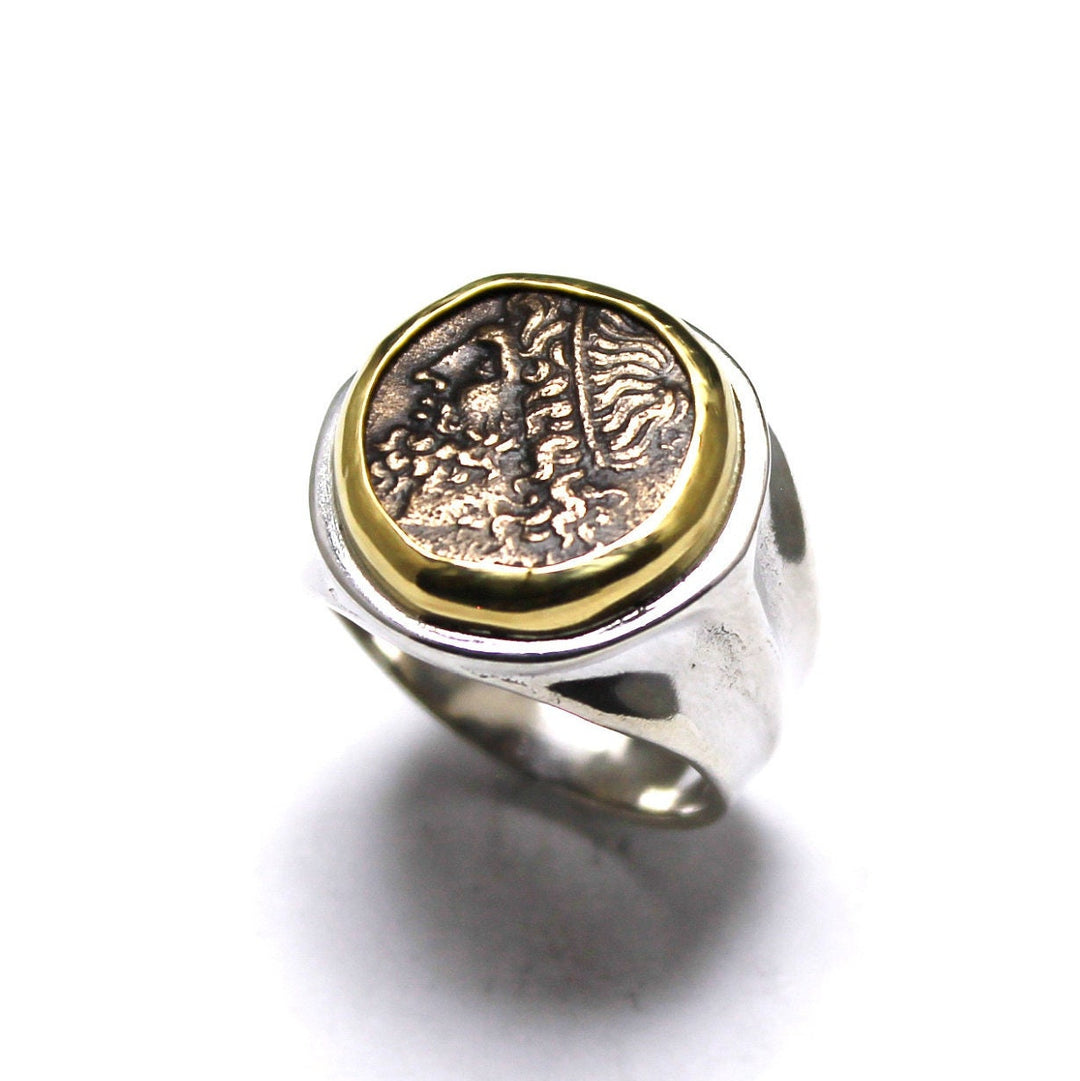 18K Bezel, Sterling Silver Ring, Hieron II, Poseidon and Triden, Ancient Bronze Coin, 7211
