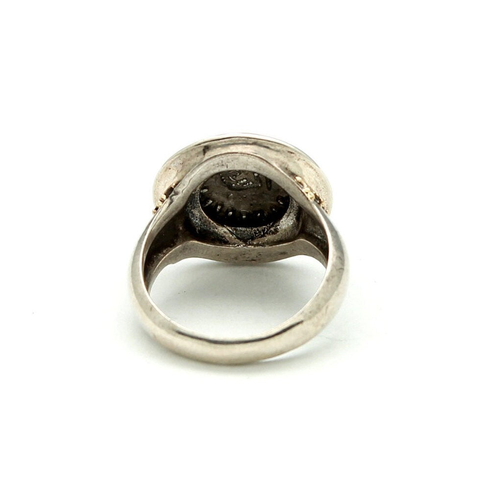 18K Gold Bezel and Accent, Sterling Silver Ring, Arabian Felix, Genuine Ancient Coin, 2035