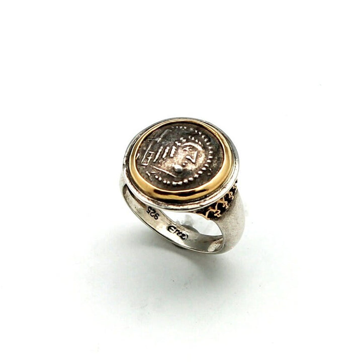 18K Gold Bezel and Accent, Sterling Silver Ring, Arabian Felix, Genuine Ancient Coin, 2035