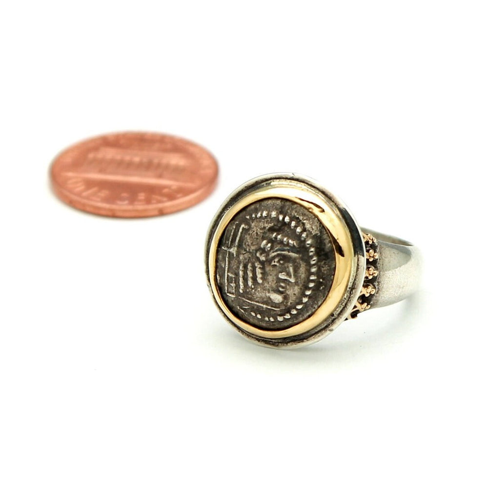 18K Gold Bezel and Accent, Sterling Silver Ring, Arabian Felix, Genuine Ancient Coin, 2035