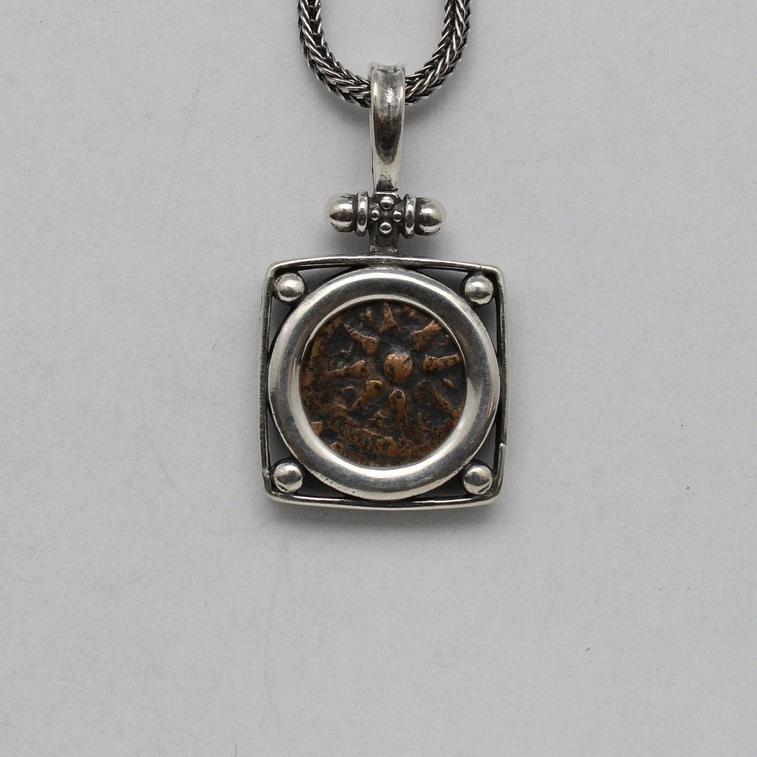 Sterling Silver Square Pendant, Widows Mite, Ancient Prutah Coin, 7163