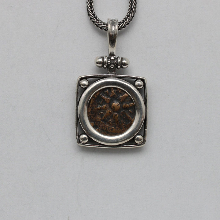 Sterling Silver Square Pendant, Widows Mite, Ancient Prutah Coin, 7163