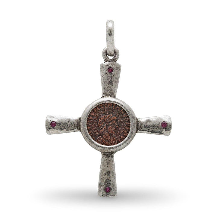 Late Roman Bronze Coin, Sterling Silver Cross Pendant, 8115