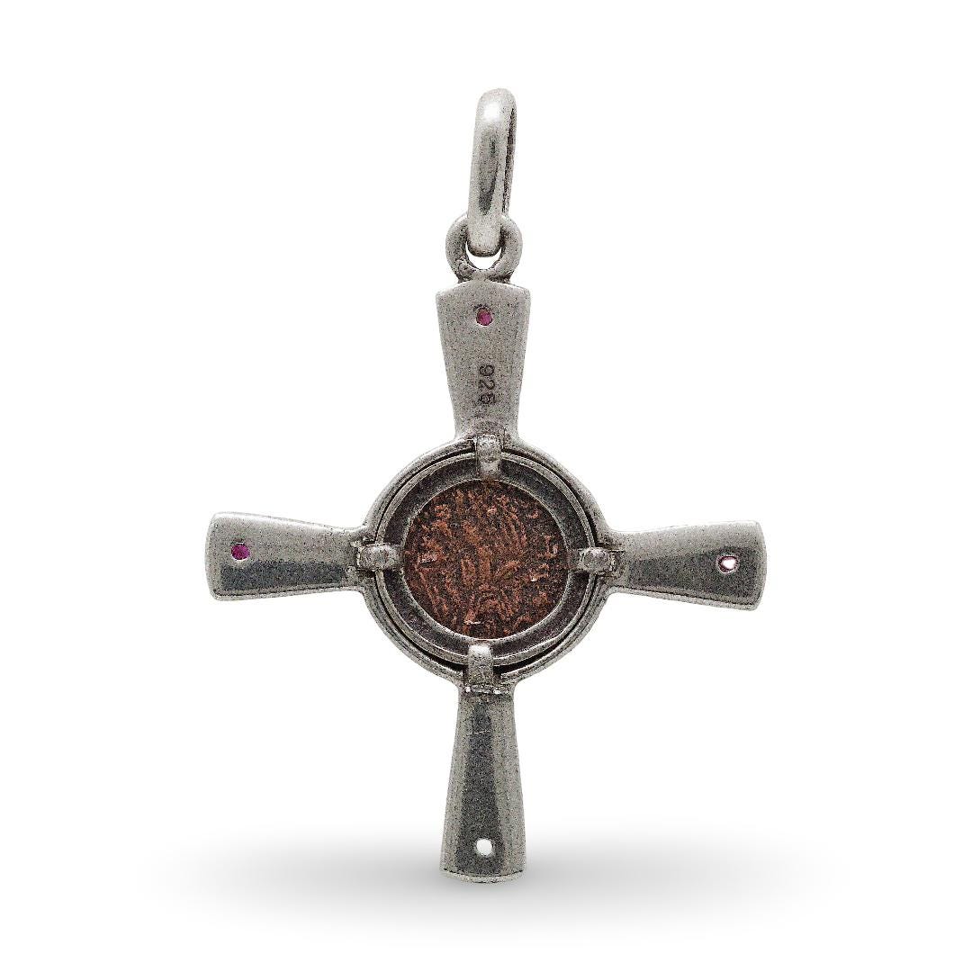Late Roman Bronze Coin, Sterling Silver Cross Pendant, 8115